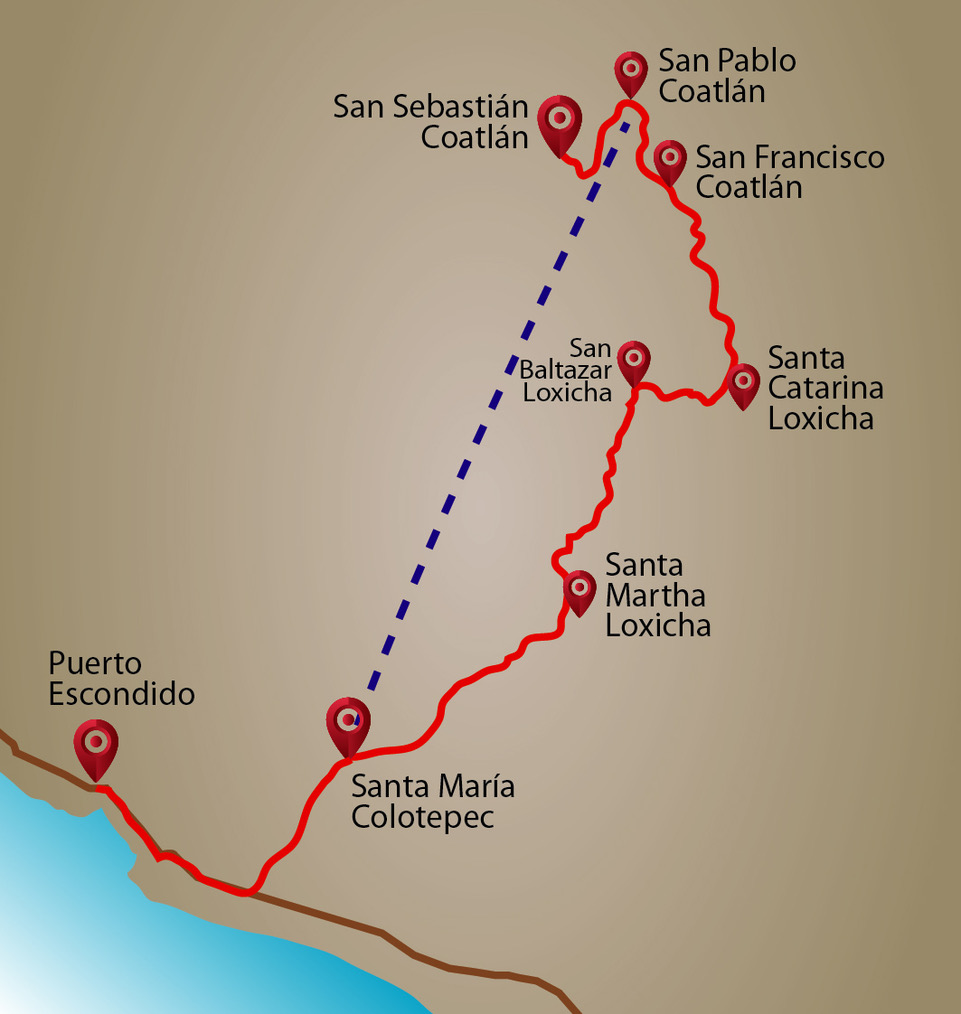 The route from Puerto Escondido to San Pablo Coatlán.
The blue line indicates the Super Highway route.